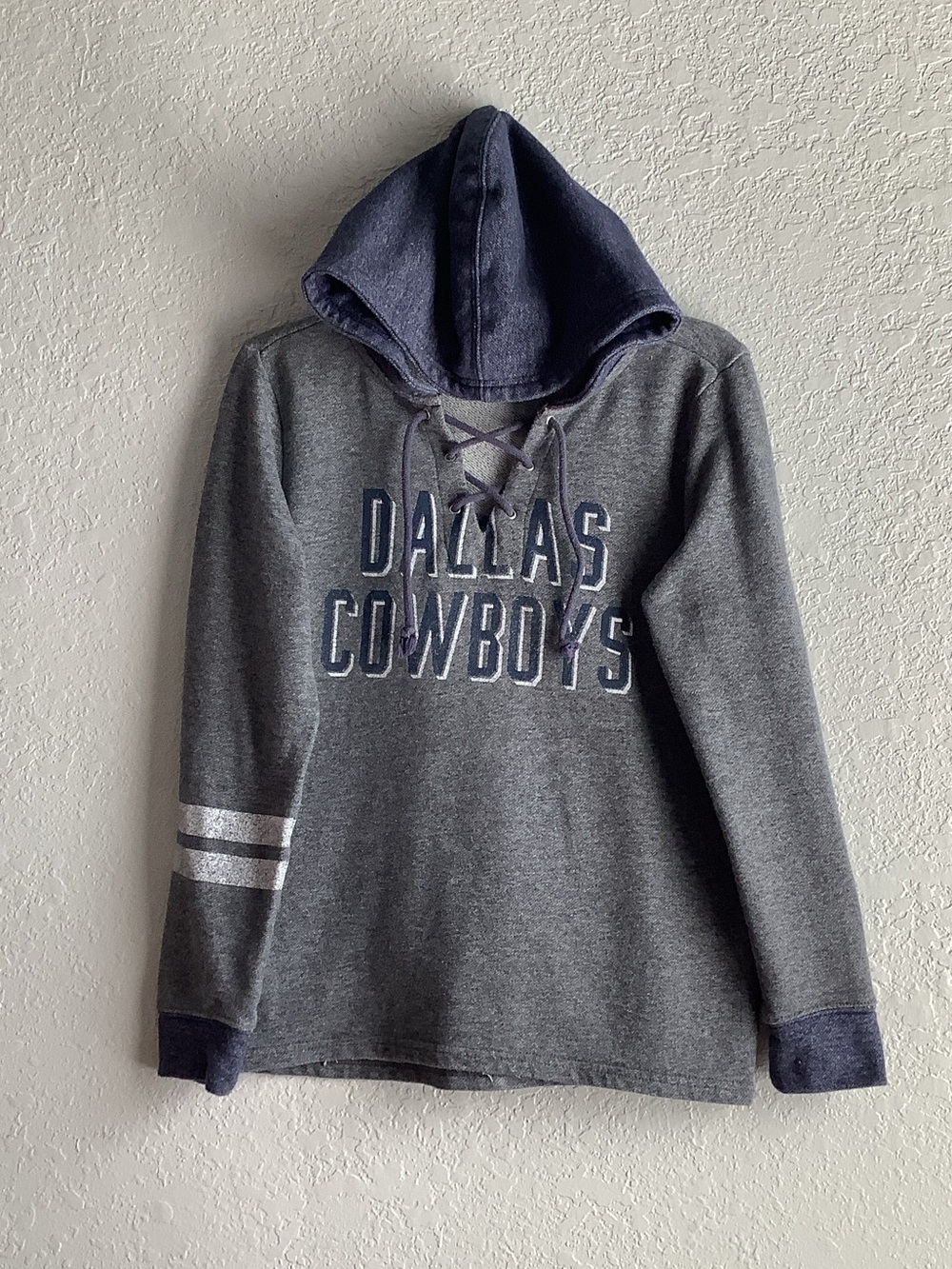 NFL Dallas Cowboys Grey Lace-Up Crewneck with Navy Hood